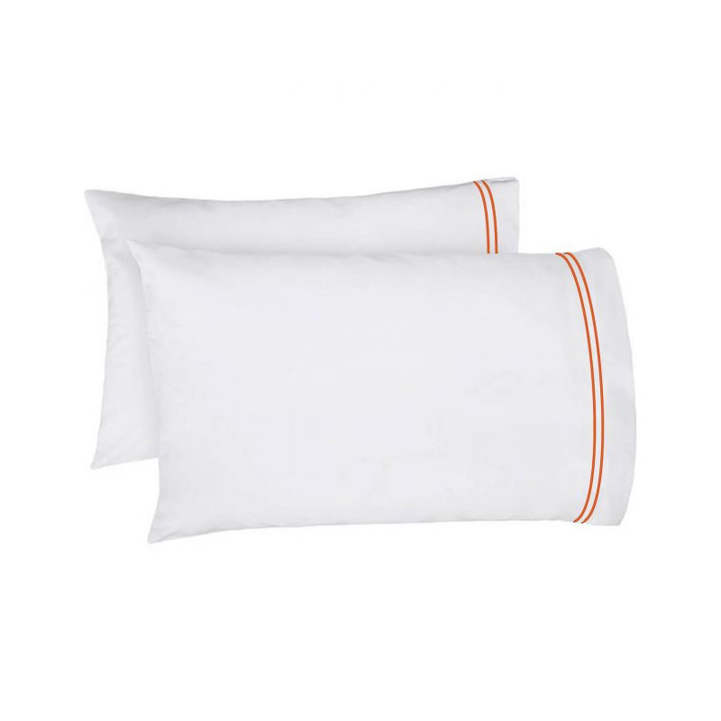 400TC Double Embroidery Cotton Sateen Pillowcases (Set Of 2), White/Orange
