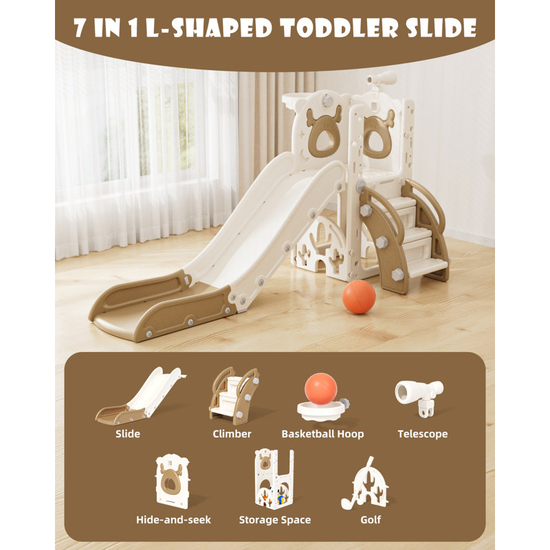 7 In 1 Kids Slide For Toddlers, Toddler Playset With Golf, Basketball Hoop, Climber And Storage Space, Brown