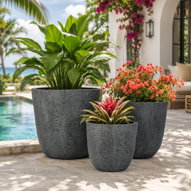 Ensemble de pot à fleurs moderne avec aspect de pierre craquelé gris moderne avec drainage pour espaces intérieurs et extérieurs