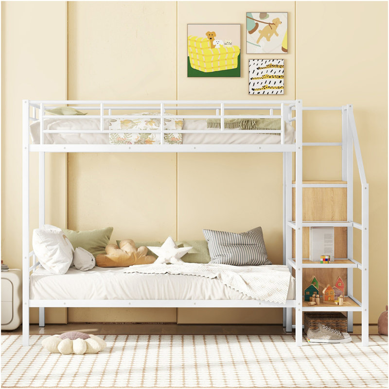 Lit superposé simple au-dessus de simple avec échelle de rangement latérale et garde-robe, Blanc