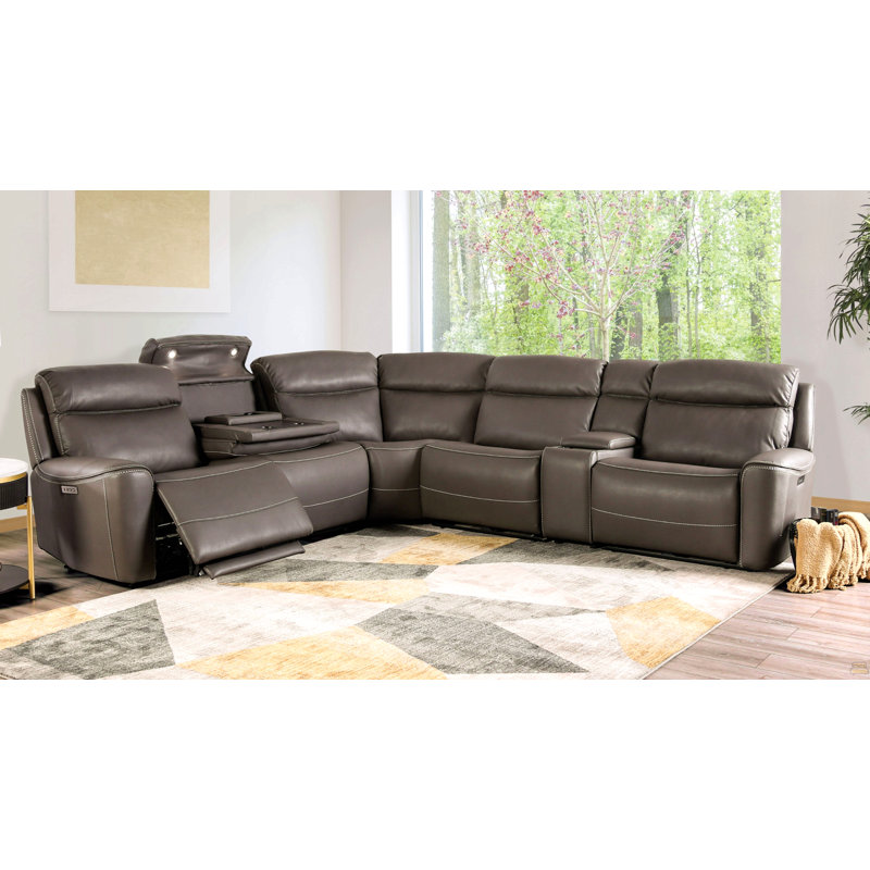 Power Reclining Sectional Couch Dark Gray Leatherette Sofa Corner Wedge Chairs Console Living Room Furniture Recliner L-Shaped Sectional