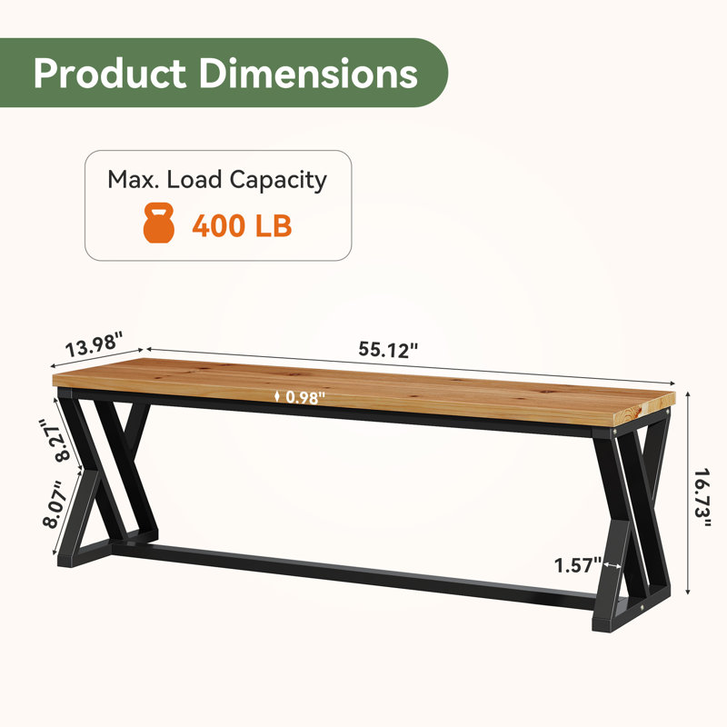 Solid Wood Entryway Bench, 55" Long End Of Bed Bench With Metal Legs For Bedroom, Hallway, Foyer