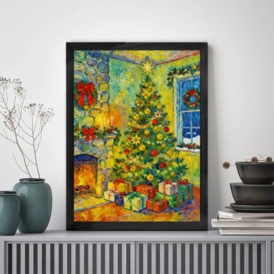Black Framed Vintage A Christmas living room full of warmth and anticipation Wall Art Retro Style Framed Prints