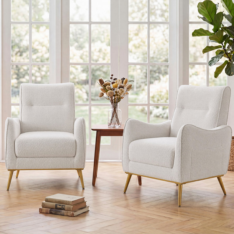 Fauteuil d'appoint à dossier haut de 28,9 po de largeur, fauteuil rembourré avec poche latérale, pieds en métal doré pour la chambre à coucher du salon