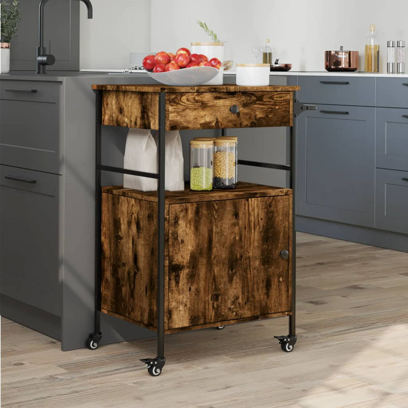 Nevis Metal Bar Cart, Smoked Oak