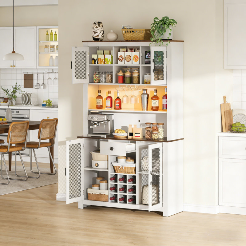 Farmhouse Coffee Bar Cabinet With With Doors, Drawer And Shelves Wine Rack,LED Outlets, White