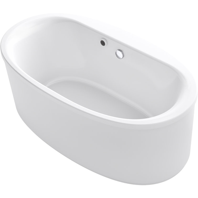 KOHLER 60 in. x 34 in. Acrylic Flatbottom Oval Freestanding Bathtub with Bask Heated Surface and Straight Shroud in White