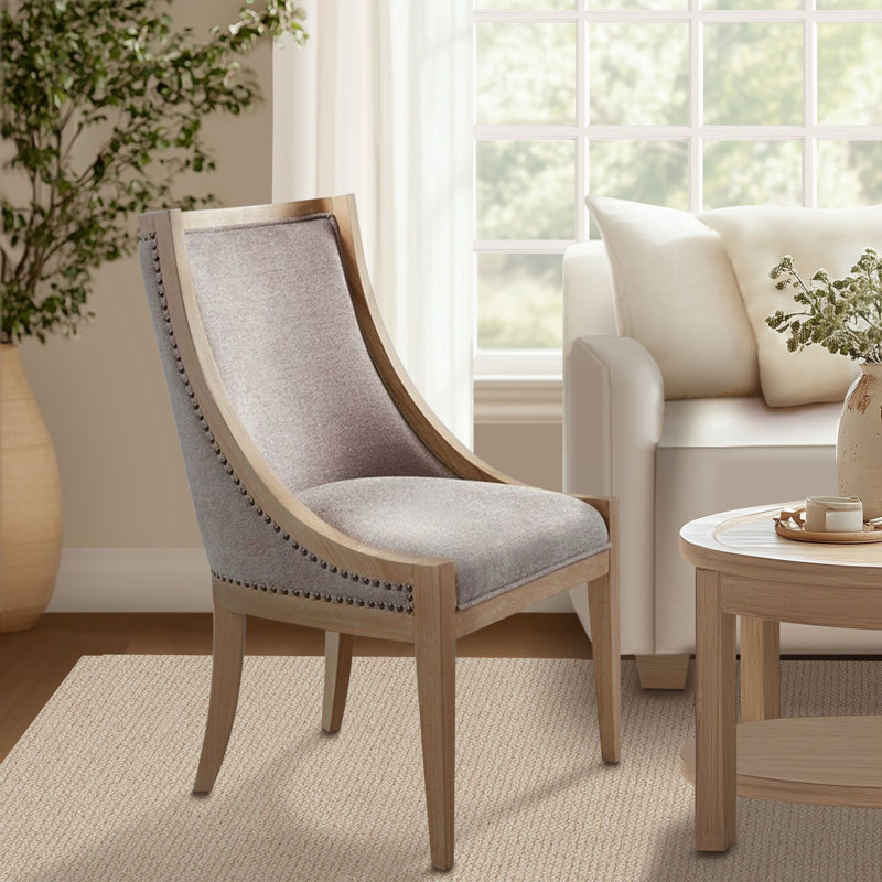 Martha Stewart Elmcrest Wood Upholstered  Dining Chair with Nailhead Trim, Linen Solid Color