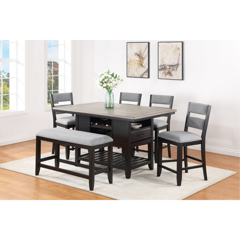 Grey Brown Counter Height Table For Kitchen - With Storage And Wine Rack Dining Area Shelf,