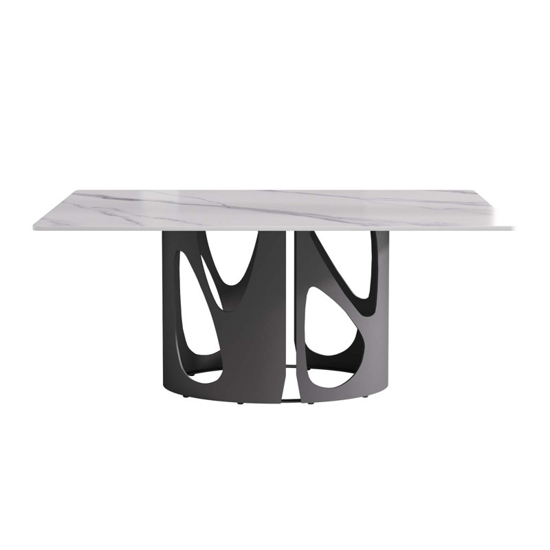 Table de salle à manger rectangulaire moderne en pierre artificielle avec pieds en fer noir, Blanc