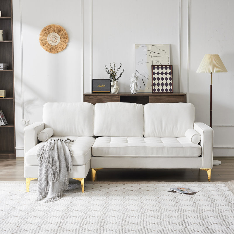 Upholstered 85.83'' Sofa & Chaise, White 100% Linen