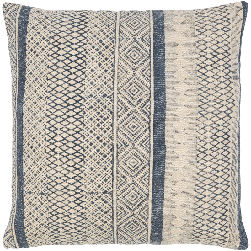 Oreiller carré 100% coton Zetta, 22 po x 22 po, Duvet, Beige clair / bleu foncé