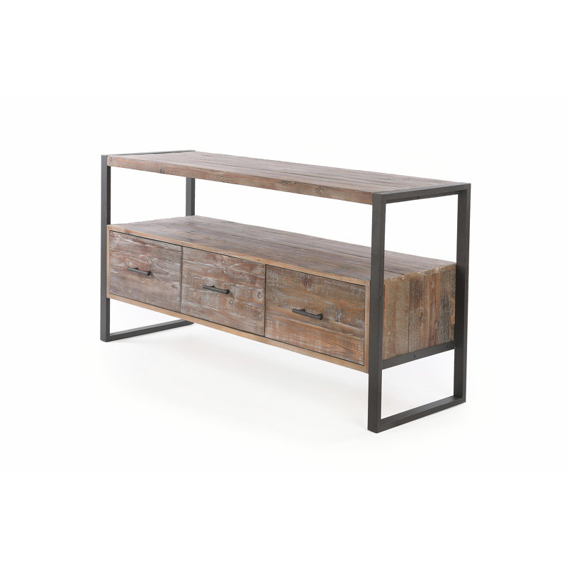 Meuble télé 60 po en bois récupéré avec 3 tiroirs, tablettes ouvertes et surface rétro