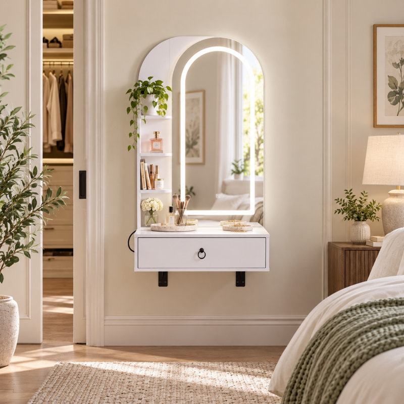 Meuble-lavabo flottant avec miroir lumineux arqué, tiroir et prise de courant, Blanc
