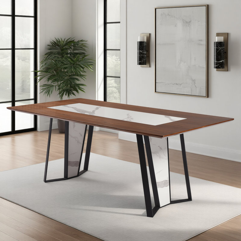 Arevalo Transitional 79 In. Rectangular Dining Table With Brown Wood And White Sintered Stone Table Top - Seats Up To 6