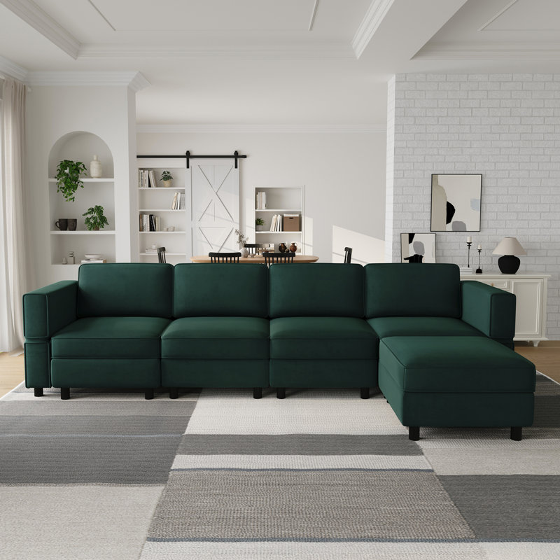 Canapé modulaire rembourré avec repose-pieds, H 33,9 po x l 114,2 po x P 57,1 po , Green Velvet
