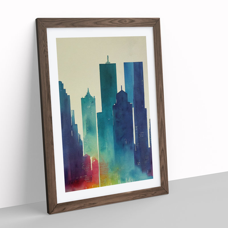 City Skyline Watercolour No.7 Abstract 1 Piece Single Picture Frame Painting, 46cm H x 34cm W x 2cm D, Walnut