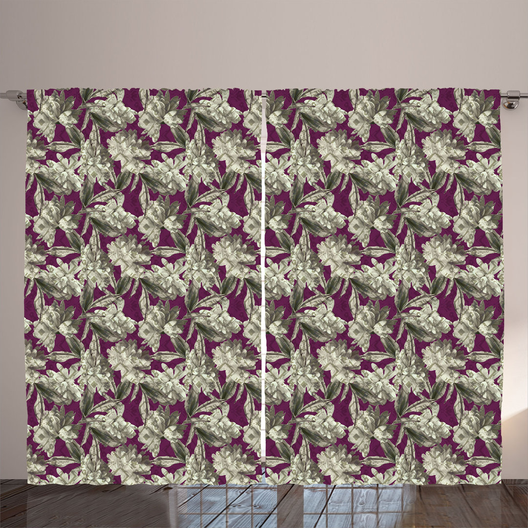 Rustic curtain, vintage boho garden scene, asters, dark magenta light green