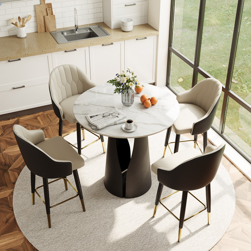 35" Modern Round Counter Height Table For 2-4 People, White Glossy Small Round Dining Table For Kitchen Or Small Spaces With Black Base, Counter Height Bar Table For Families