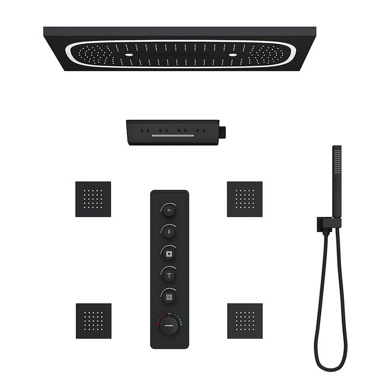 Système de douche thermostatique à DEL 5 fonctions avec musique Bluetooth, 4 jets corporels, douche à main