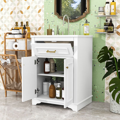 Bathroom Vanity with Ceramic Basin, Tip-Out Drawer and Soft-Close Doors for Compact Spaces