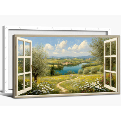 Spring Canvas Wall Art, Open Window Nature Pictures Landscape Painting, Vibrant Scenery Wall Decor Countryside Artwork Living Room, Wild Flower Fores