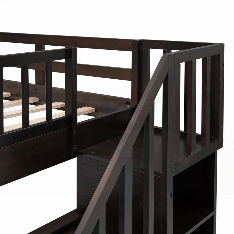 Lit superposé double avec lit gigogne simple, rangement et amp; Barrière de sécurité - aucun sommier nécessaire, finition espresso durable