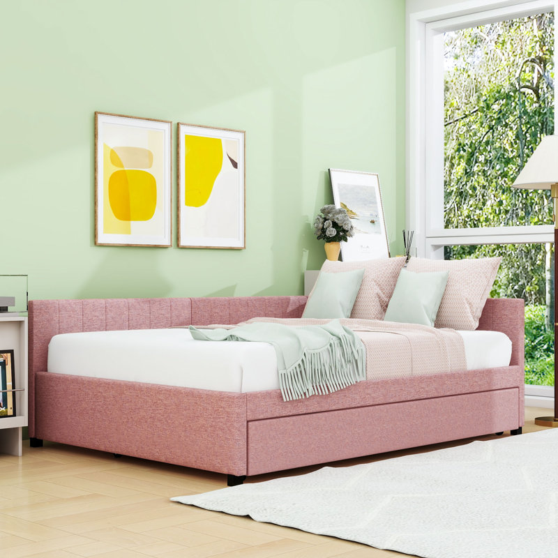 Linen Upholstered Daybed with Twin Trundle, Full/Double, Pink