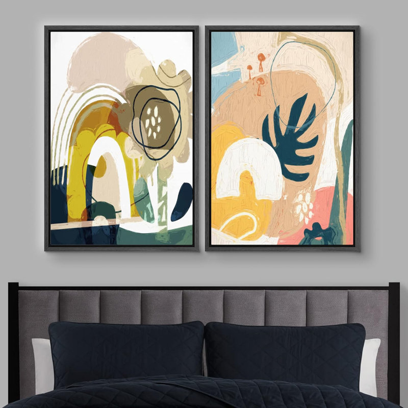Style Mid-Century, rétro, motif de fleurs rétro, illustrations de formes abstraites, chambre bohème, Noir, H 24 po x l 32 po