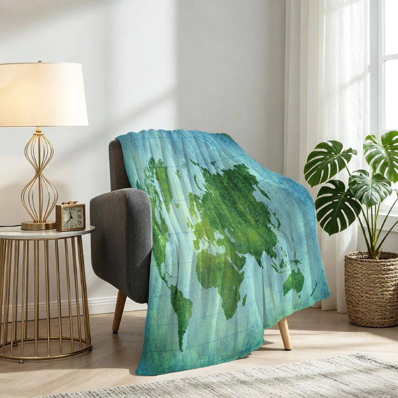 Jeté en flanelle bleue ultra douce, imprimé carte du monde rétro, Twin 60" x 80"