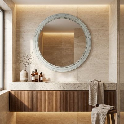 Miroir mural rond en bois vieilli blanc perlé pour décor de style maison de campagne et rétro