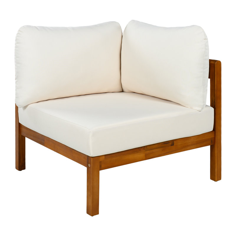 Ensemble de canapé d'extérieur en L en bois d'acacia naturel avec coussins blancs