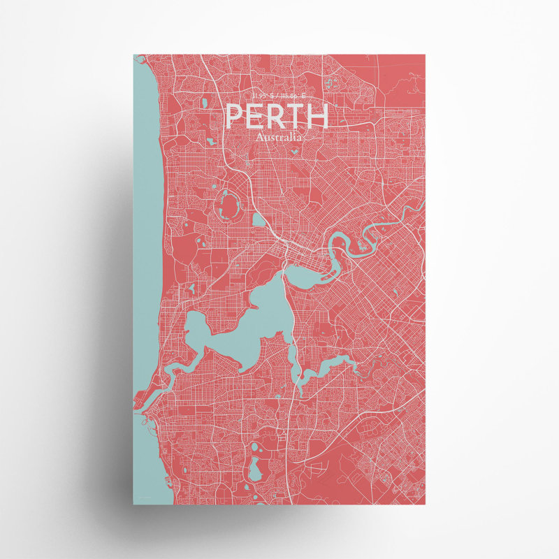 «Perth City Map», impression, H 17 po x l 11 po, Rose / bleu pastel