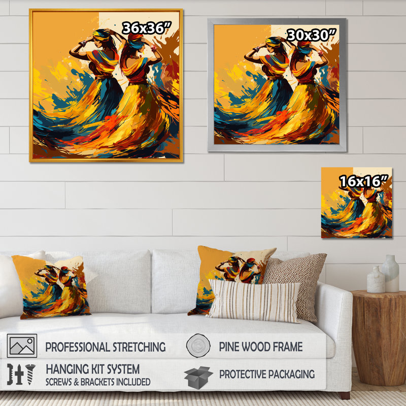 Art indien, punjabi bhangra - Art mural indien, Cadre flottant doré, H 36 po x l 36 po x P 1,5 po