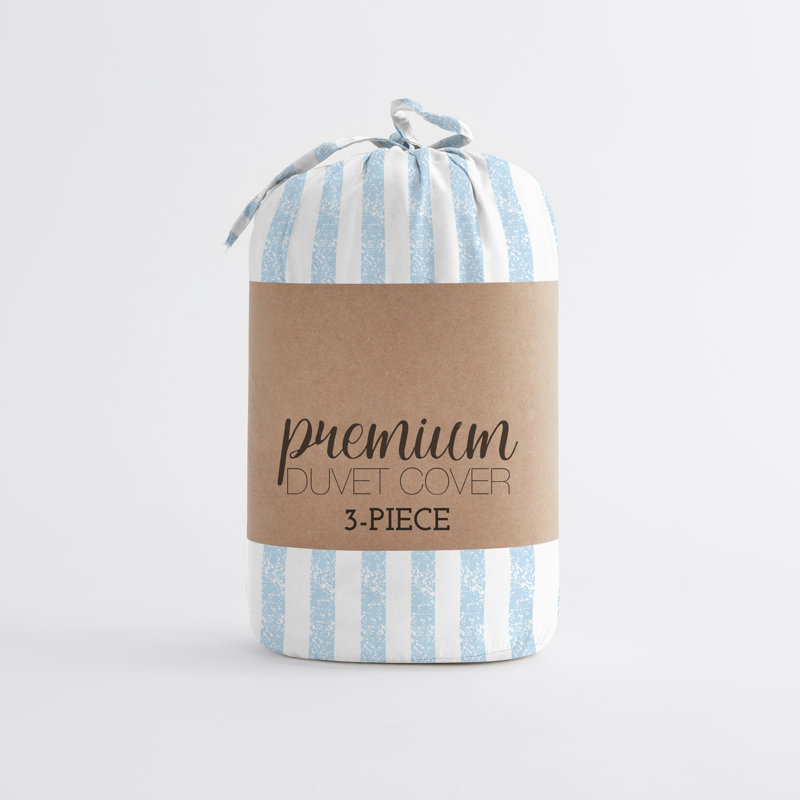 Light Blue Striped Microfiber Queen Duvet Cover Set