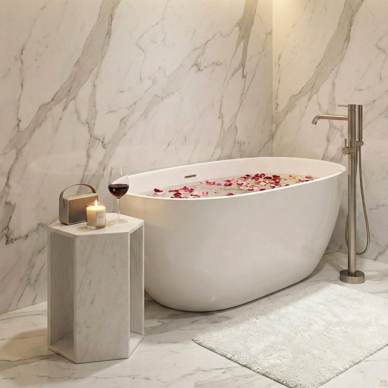 Table d'appoint en marbre Marble - Piédestal en pierre au fini mat poli - Table à boissons, White