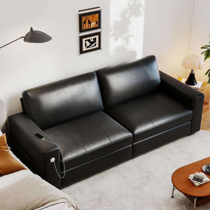 Yakina 89'' Upholstered Modern Vegan Leather Sofa with Storage Pockets Couches and USB Charging Port, Black