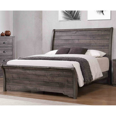 Grand lit gris, style contemporain, lignes horizontales, tête de lit incurvée, pieds de support, structure en bois, chambre à coucher, lit design à ressorts requis, légèrement incliné pour l'assemblage requis