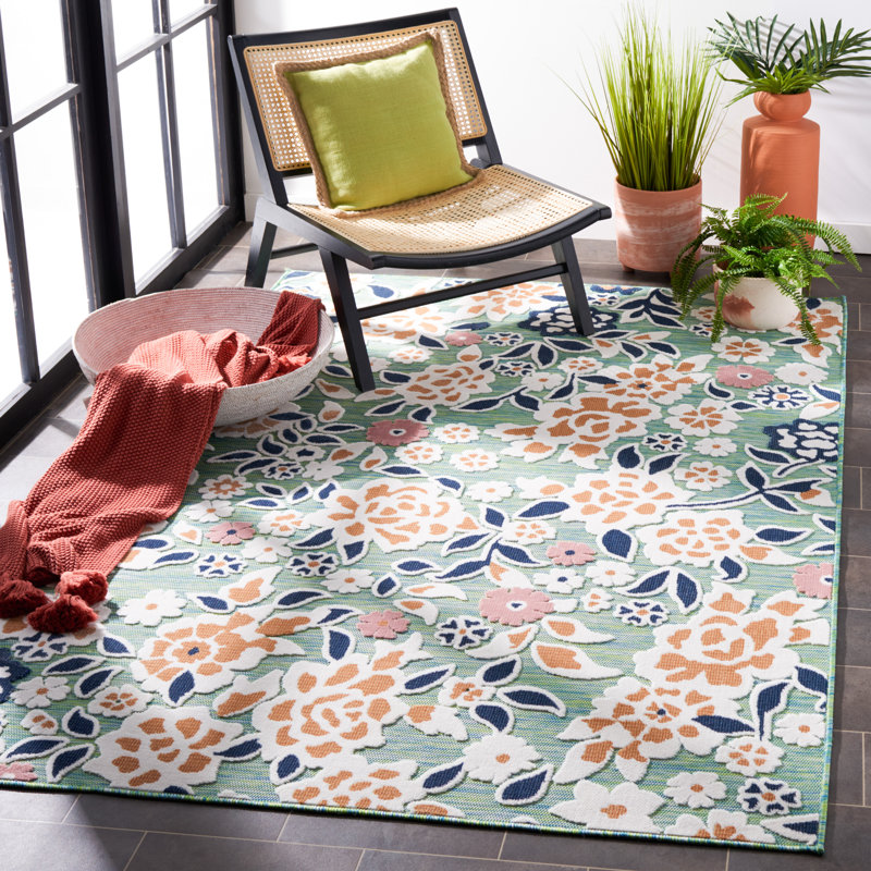 Savoy Floral Green/Navy/Pink Indoor / Outdoor Area Indoor/Outdoor Area Rug, Rectangle 8' x 10'