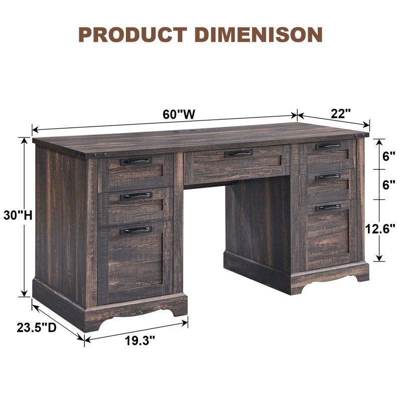 60" Farmhouse Executive Desk With Drawers,wood Home Office Desk With Charging Station, Dark Rustic Oak