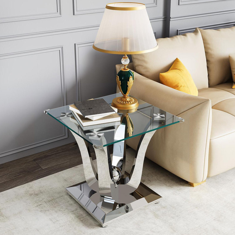 Glass Top End Table With Mirror Finish Stainless Steel Base, Silver