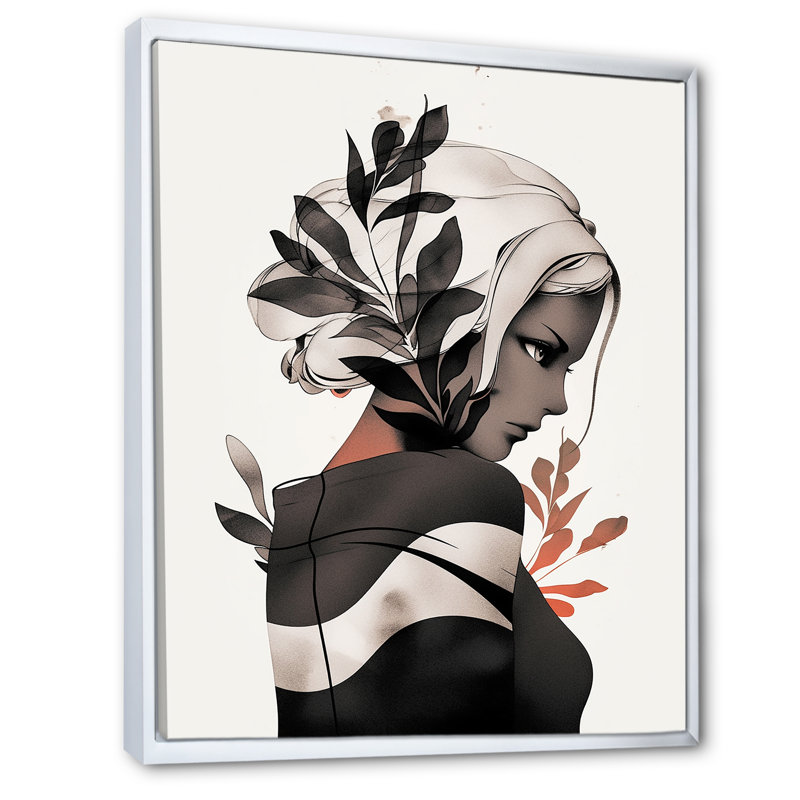 Dessin de femme tropicale, dessin I, Cadre flottant blanc, H 44 po x l 34 po x P 1,5 po