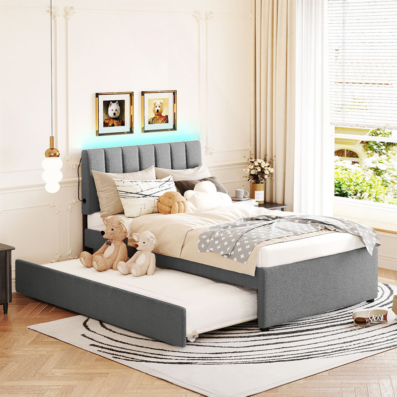 Fleece Twin Size Upholstered Platform Bed With Trundle, Grey, Twin