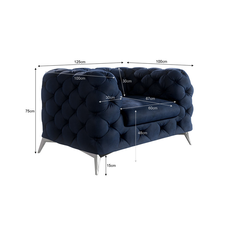 Chesterfield Armchair  with Silver Metal Legs, Navy Blue