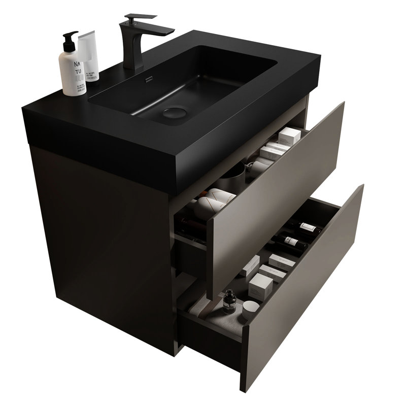 Modern 30" Gray Bathroom Sink - Spacious, Silent Smooth Operation Vanity Model Contemporary, Big Storage,, Gray, Black