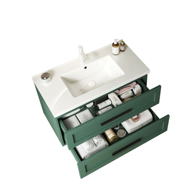 Meuble-lavabo de salle de bain mural avec lavabo mural 36 po JODI avec lavabo 36 po JODI, lavabo en céramique blanc sans robinet, couleur verte