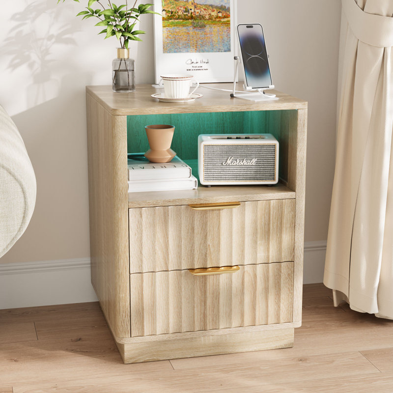 Nightstand With Outlets And Rgb Light, Side Table With 2 Fluted Drawers And Open Area, End Table For Bedroom, Living Room