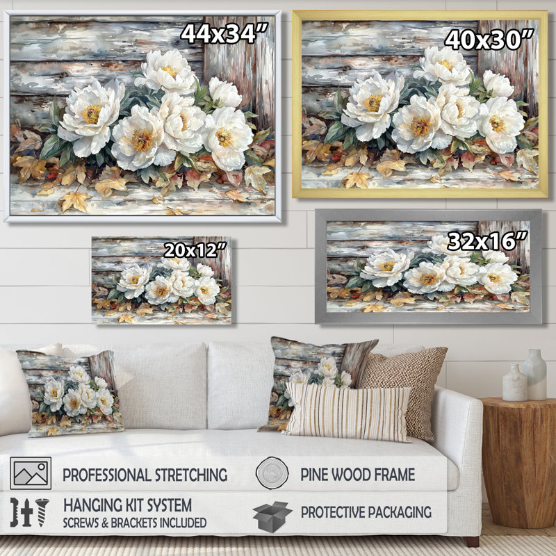 Pe pivoines près de la grange d'automne - pivoines, art mural sur toile, H 24 po x l 32 po, Encadrement argenté