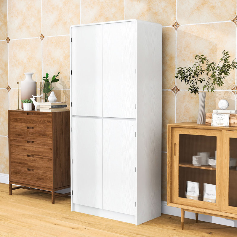 Armoire de cuisine moderne incurvée avec tablettes réglables, tiroir caché et portes magnétiques, Blanc