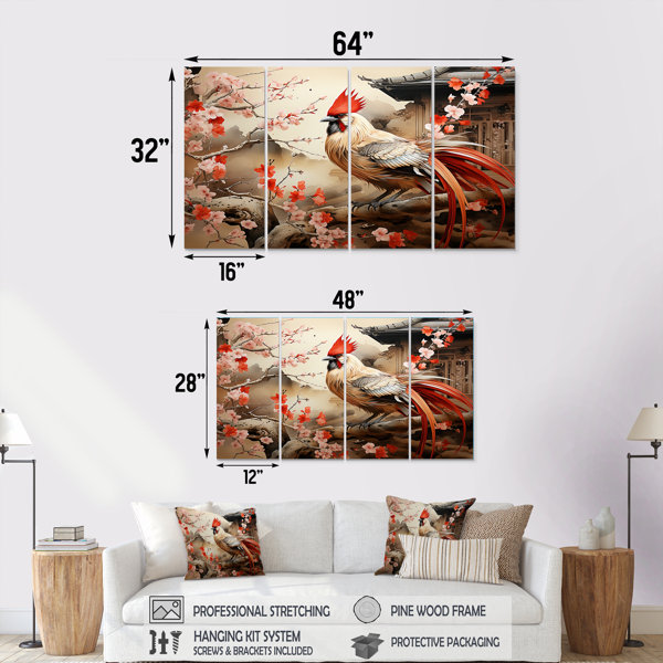 Charlton Home Japan Beige And Red Rooster - Rooster 4 Piece Wall Art ...